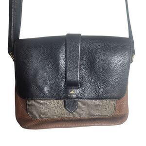 Fossil Kinley Small Foldover Leather Crossbody Bag Black Brown Animal Print
